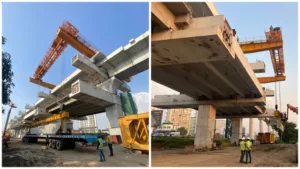 Pune Metro Line 3 commences station gantry work : First overhead L-Girder lifted at Balewadi Stadium