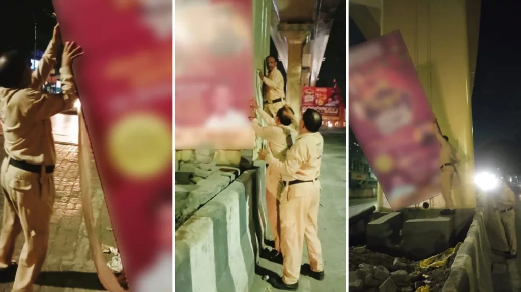 Pune Metro Removes Illegal Flex On Pillars On Two Metro Routes