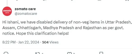 No Zomato delivery of non-veg food in North India; cites govt notice as reason