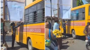 Pune : Advertising banner gets stuck in school bus on NIBM road in Kondhwa