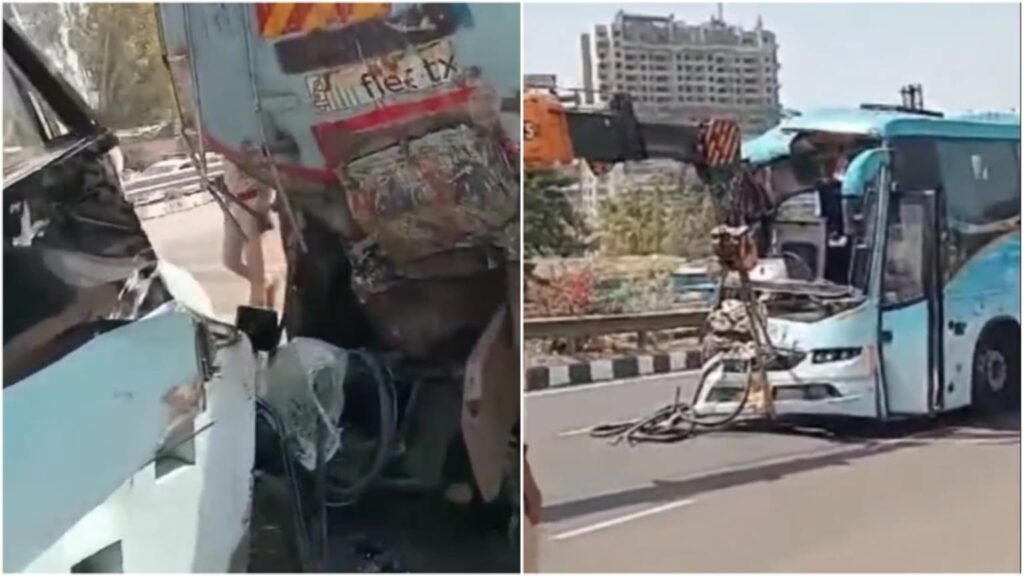 Shocking: Bus fiercely collides with oil tanker on Mumbai-Pune highway; No casualties reported; Bus driver seriously injured