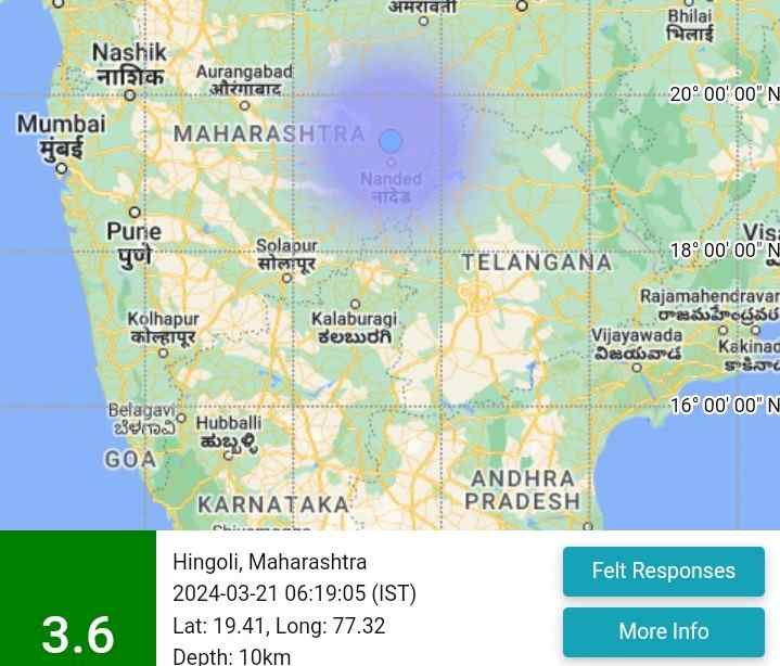 Earthquake Strikes Maharashtra's Hingoli, Parbhani and Nanded Today Morning 