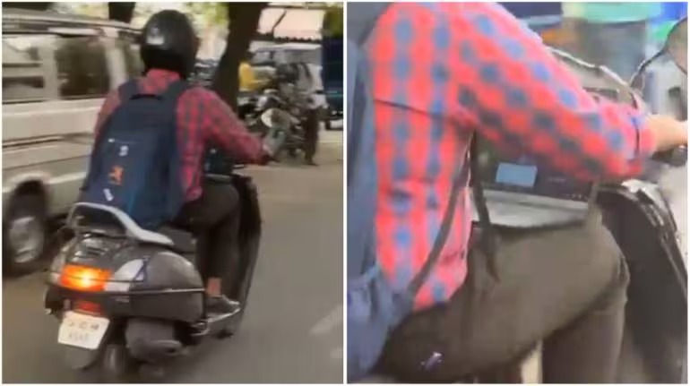 "Bengaluru Is Not For Beginners" : Watch Viral Video As Bengaluru Man Attends Meeting on Laptop While Riding Scooty