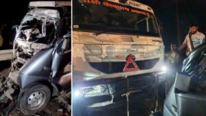 Pune News Seven injured in car & container collision on Bakori-Theur Ashtavinayak Highway