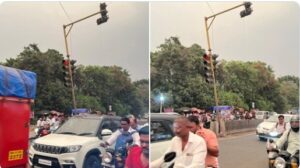 Pune: Danger Looms as Traffic Signal Pole Hangs Precariously by a Rope near IBM company at Bhekrainagar in Hadapsar