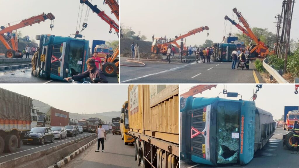 Pune Bengaluru Highway: Alcohol Tanker Overturns Near Khed Shivapur Toll Booth, Causing Major Traffic Jam