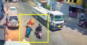 Bull Attacks Scooter in Bengaluru, Rider Saved by Trucker's Swift Reaction captured in Video