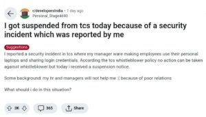 TCS employee faces suspension after reporting security breach, Reddit post sparks debate