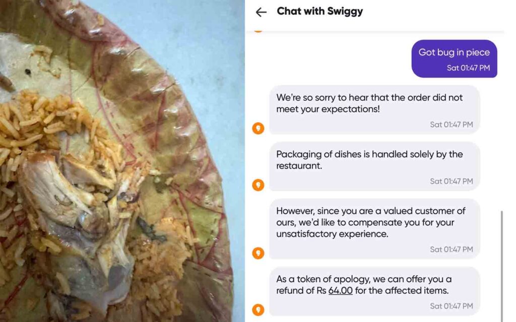 Hyderabad man finds Maggot in Chicken Biryani; gets Rs 64 as refund Via Swiggy