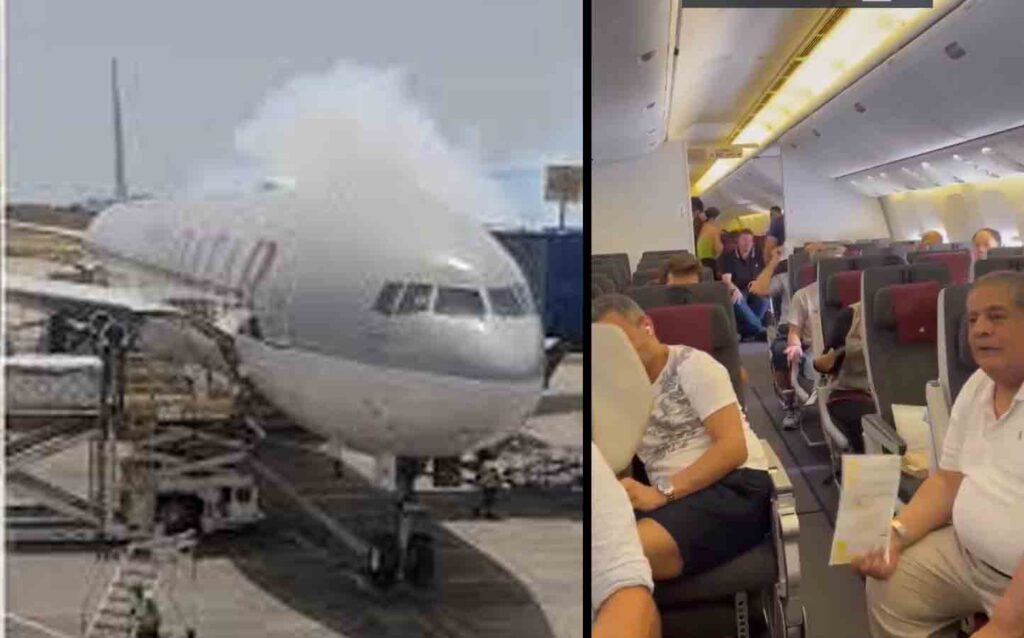 Stranded passengers attempt to cool down using safety packets and pacing the aisles amid 38-degree heat.