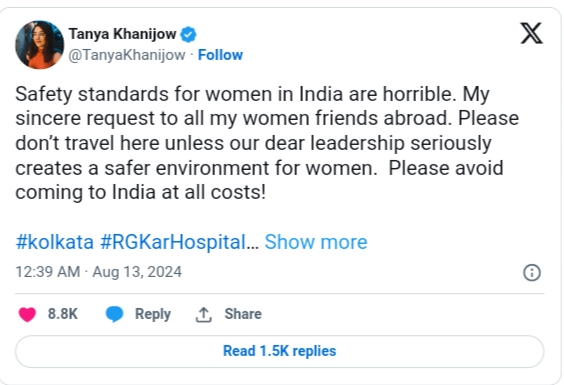 Influencer Tanya Khanijow Criticized for ‘Avoid India’ Advice Amid Kolkata Tragedy