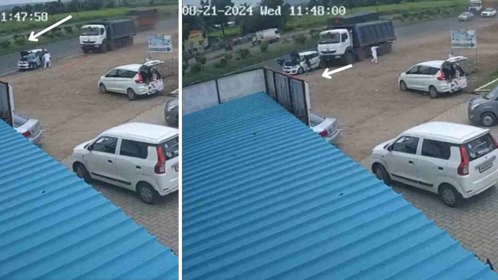Pune Solapur Accident: High-Speed Dumper Crashes into Parked Car in Pune: One Dead, Two Injured