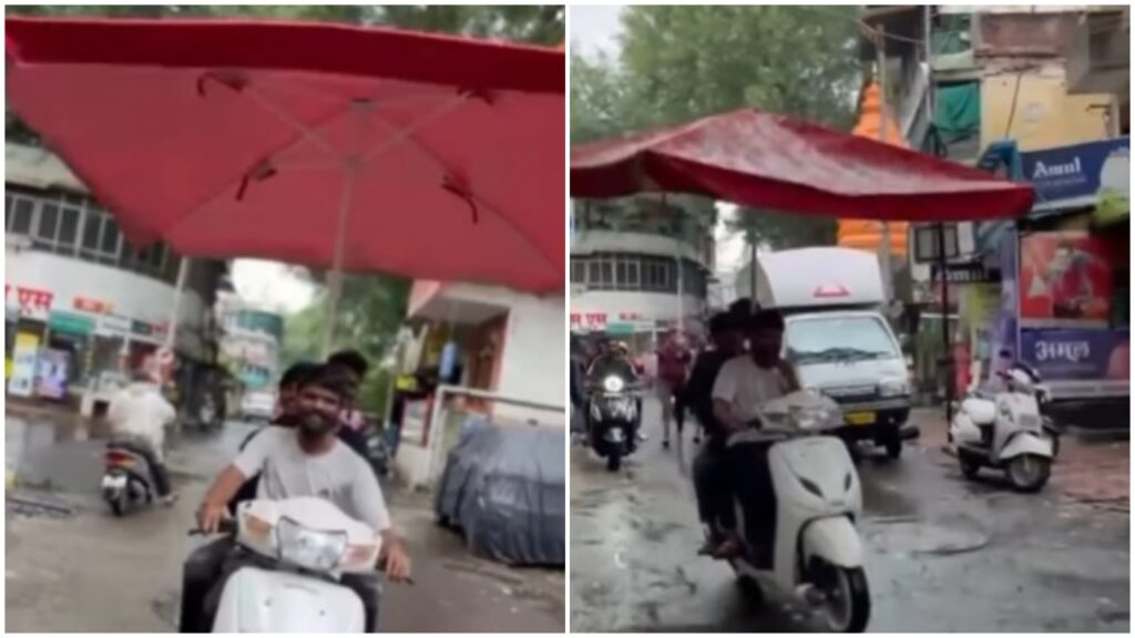 Viral Pune Video Showcases Youth Riding Scooter Under Giant Umbrella Amid Monsoon Rains