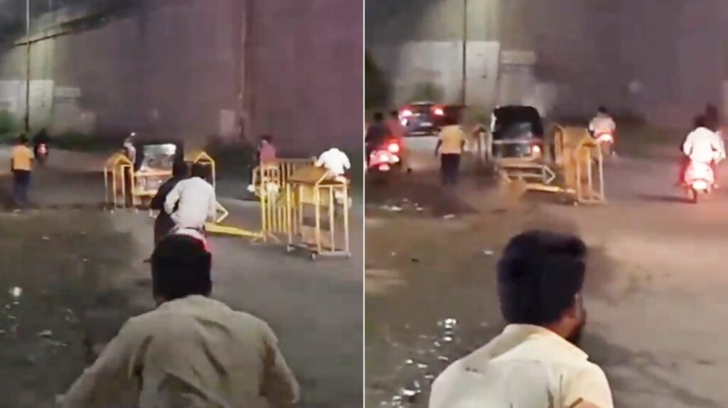 Viral Video: Rickshaw Driver Caught Dragging Road Barricade Near Navale Bridge in Pune