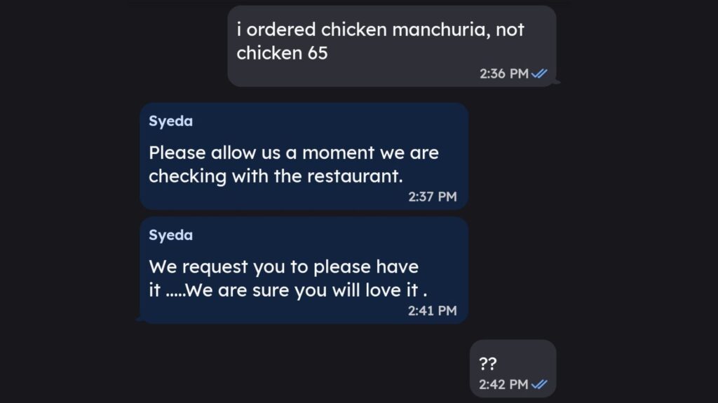 Student receives Chicken 65 by mistake. Zomato replies 'Give it a shot, it's delicious