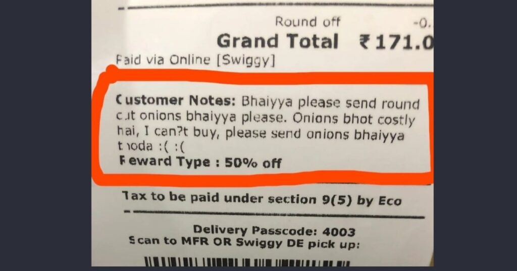 VIral Post: Man Pleads for Extra Onions in Swiggy Order Amid Soaring Prices