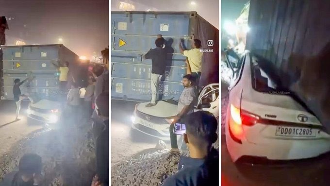 Tata Tigor Crushed by Falling Container in Dadra and Nagar Haveli; Driver Loses Life (Video)