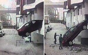 Pune: CCTV Captures Shocking Incident as Car Falls from First Floor in Viman Nagar Society