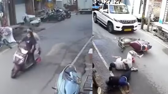 Caught on Camera: Two Women on Scooty Narrowly Escape Tragedy After Collision with Car