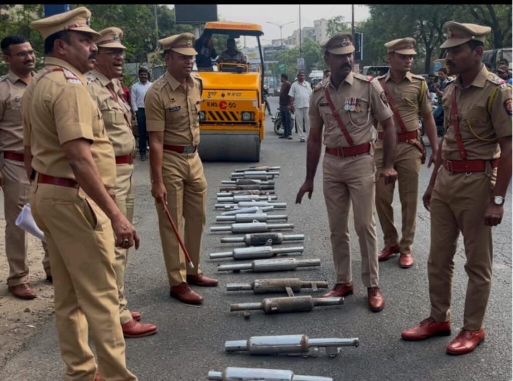 Pune Kondhwa Police Take Action Against Noisy Bikes, Crush 20 Loud Silencers