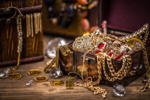 Pirate treasure chest full of jewellery