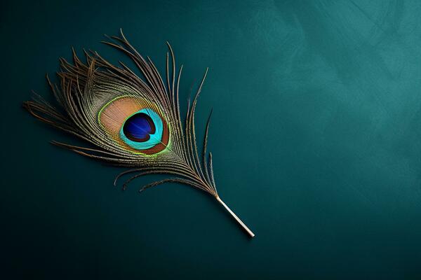 single-peacock-feather-in-a-stunning-flat-lay-generative-by-ai-photo