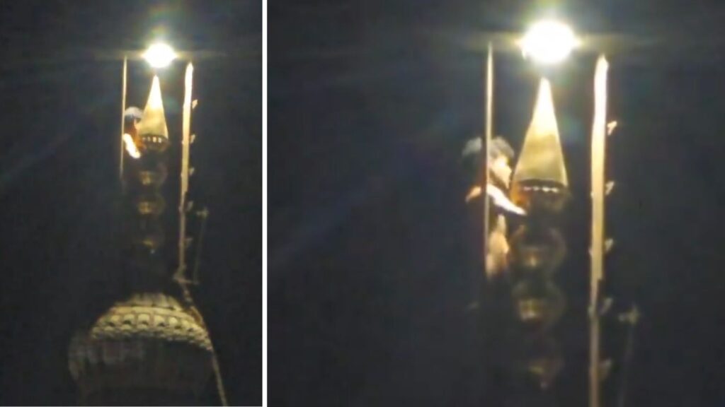 Chhatrapati Sambhajinagar Man Climbs Temple Roof, Attempts to Damage Sacred Kalas, Watch Video