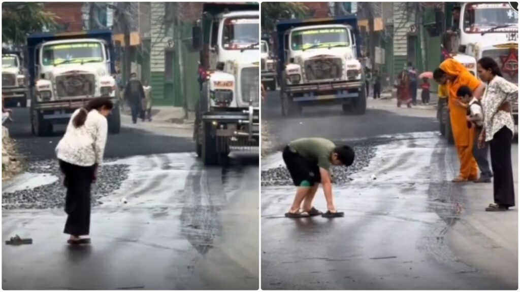 Woman’s Slipper Got Stuck in Hot Tar, Little Boy Rushed to Help… and Got Stuck Himself – Watch Viral Video