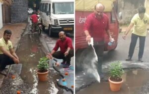 Pune News: Potholes Return To Ward 18 Just Months After Repairs; MNS Stages Protest with Rangoli and Garland To Draw Attention