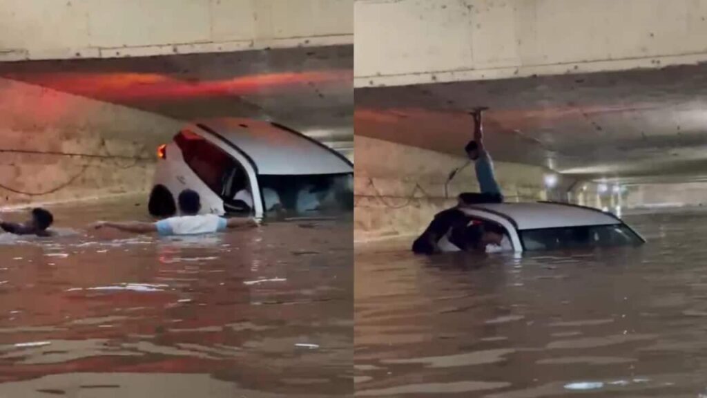 Captured on Cam Dramatic Rescue: Car Submerged in Flooded Thane Underpass, Locals Swim to Rescue Passengers