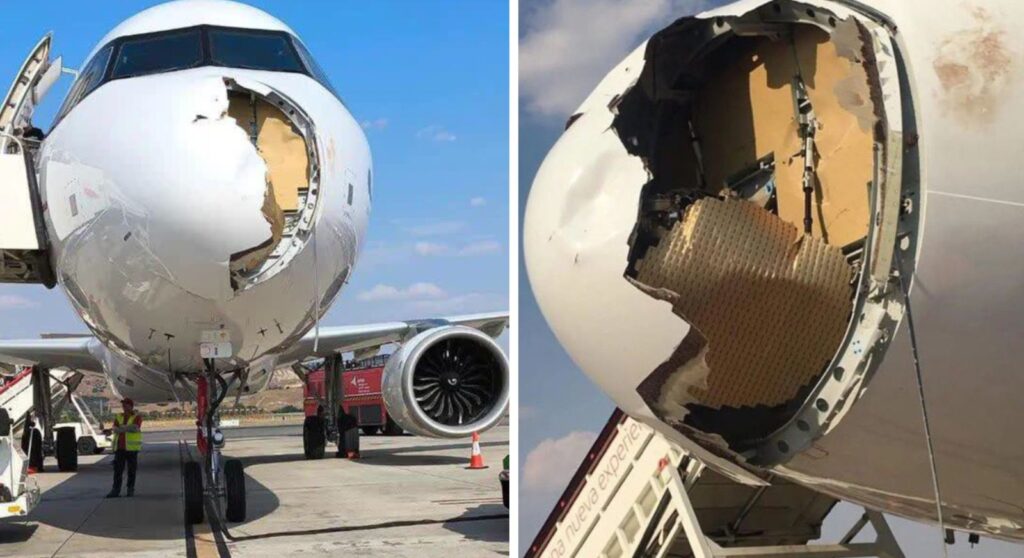 Emergency Landing in Madrid: Iberia Flight to Paris Struck by Birds, Nose Cone Destroyed Mid-Air