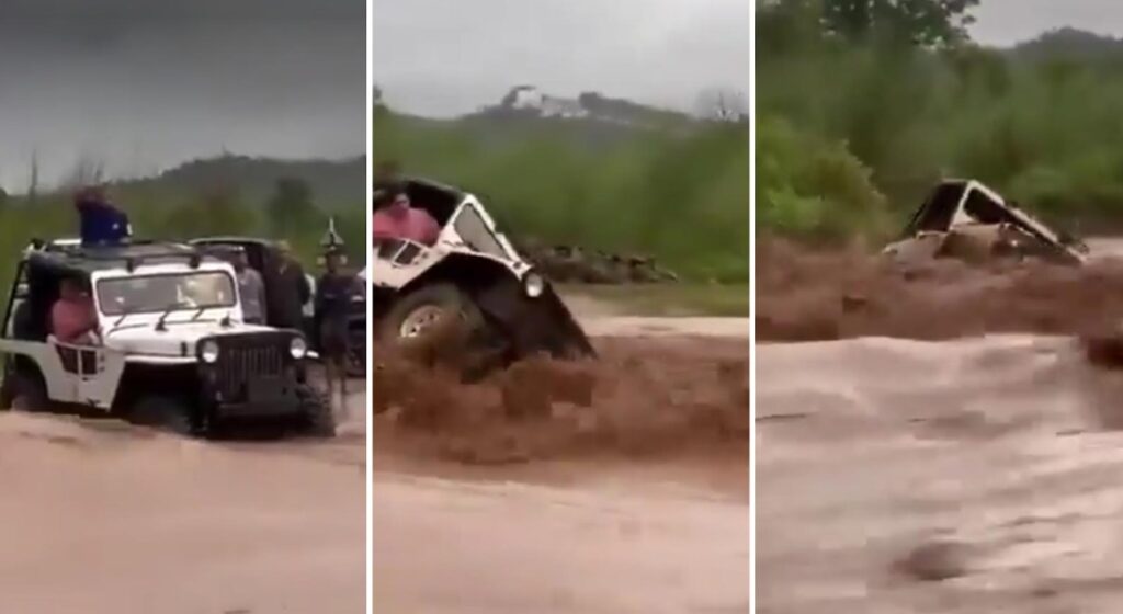 Mahindra SUV Washed Away in Raging River as Two Men Try Risky Stunt; Video Goes Viral