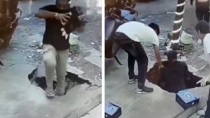 Man Falls Into Drain After Slab Breaks in Chandrapur, CCTV Video Goes Viral