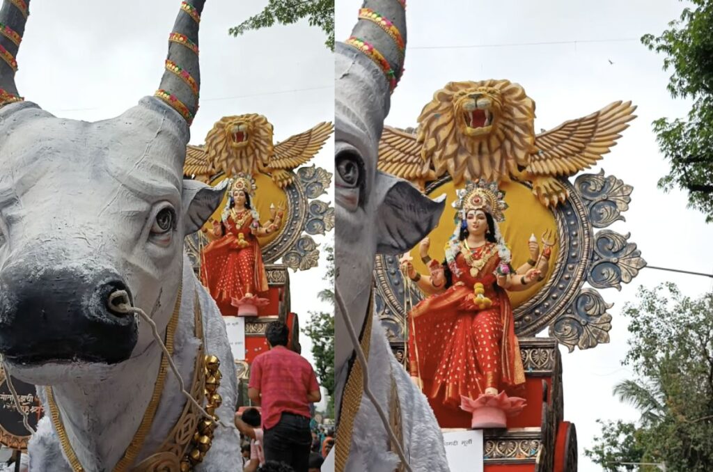 Watch: Mumbai’s Santacruz Durga Idol ‘Rides’ a Moving Nandi, Wows Navratri Crowd