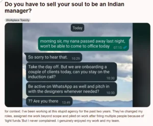 Employee seeks leave after grandfather’s death; manager’s shocking ‘Be active on WhatsApp’ reply goes viral