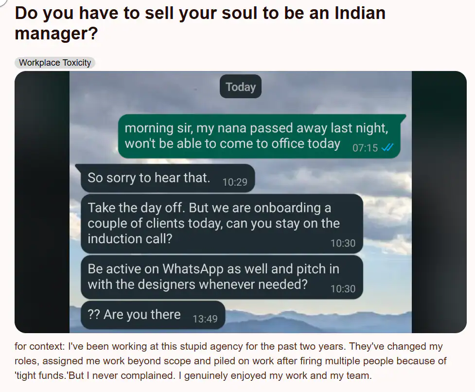 Employee seeks leave after grandfather’s death; manager’s shocking ‘Be active on WhatsApp’ reply goes viral