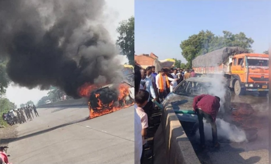 Tragic Blaze on Jalgaon–Sambhajinagar Highway: Grand Vitara Crashes and Bursts Into Flames, Woman Burnt Alive