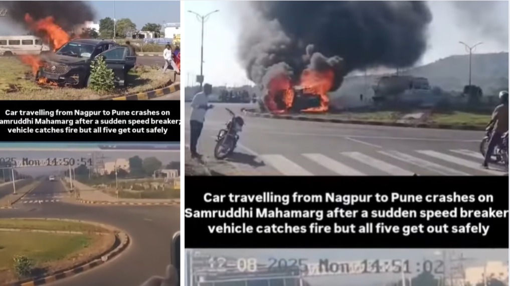 Nagpur to Pune Trip Turns Scary on Samruddhi Mahamarg as Car Hits Speed Breaker and Bursts Into Flames; Five Passengers Escape in Time | Watch Video
