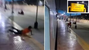 Viral Video Shows Man Falling While Getting Off Moving Train at Anantapur Station, Safety Concerns Raised
