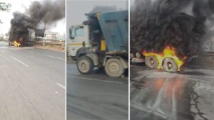 Moving Truck Catches Fire on Pune–Satara Highway Near Navale Bridge, No Injuries Reported