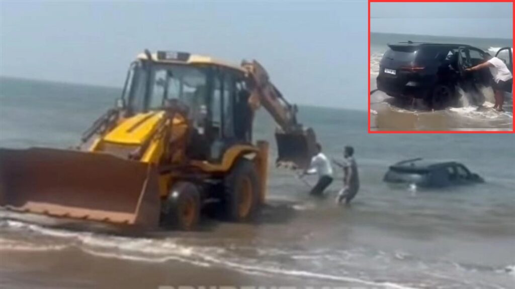 Viral Video: Fortuner Gets Stuck at Goa’s Vagator Beach, Nearly Swept Away; Tourist Booked