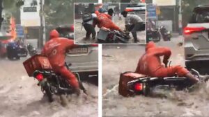 Heavy rain in Pune doesn’t stop the rider, but the delivery bag gets trapped—residents worried