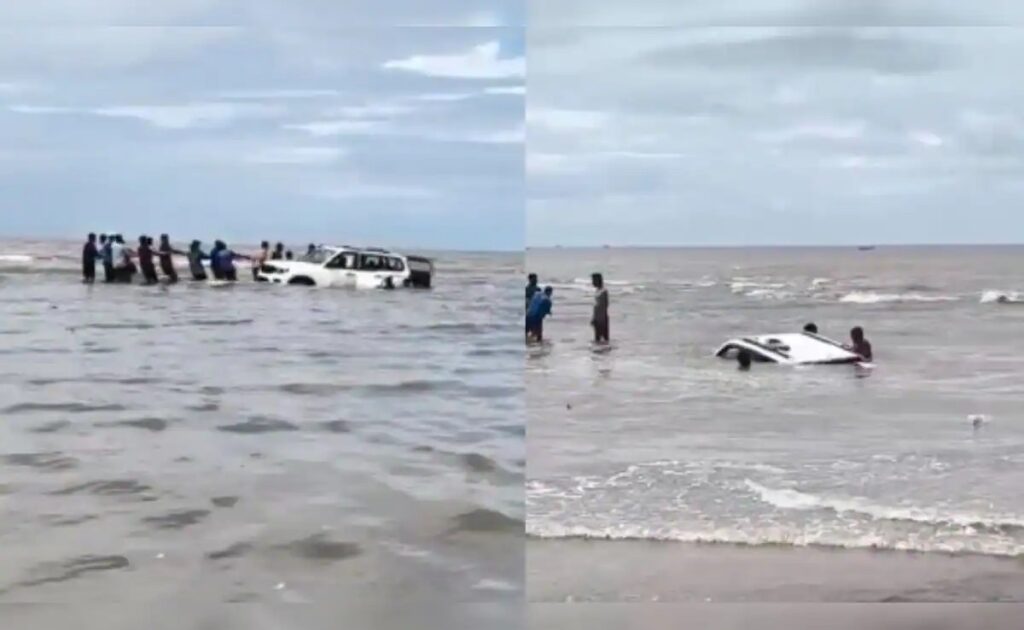 Pune Tourists’ Beach Fun Turns Costly As SUV Gets Trapped In Sand At Anjarle
