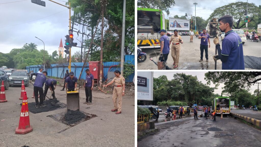 Pune: Wanawadi Traffic Police Take Initiative To Repair Potholes Near Bishop’s School At Mammadevi Chowk