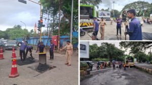 Pune: Wanawadi Traffic Police Take Initiative To Repair Potholes Near Bishop’s School At Mammadevi Chowk