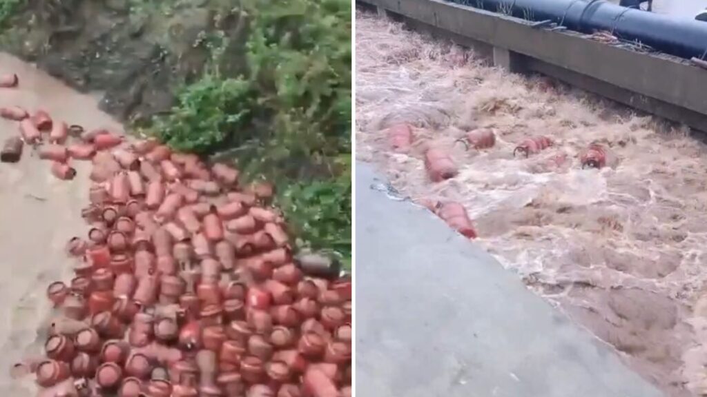 Watch: Thousands of HPCL LPG Cylinders Swept Into Patalganga River After Retaining Wall Collapse Due To Floods