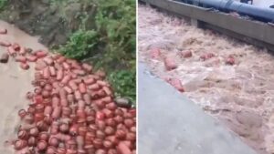 Watch: Thousands of HPCL LPG Cylinders Swept Into Patalganga River After Retaining Wall Collapse Due To Floods